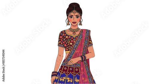 Illustration of a woman wearing traditional clothing with intricate designs and jewelry standing against a plain white background