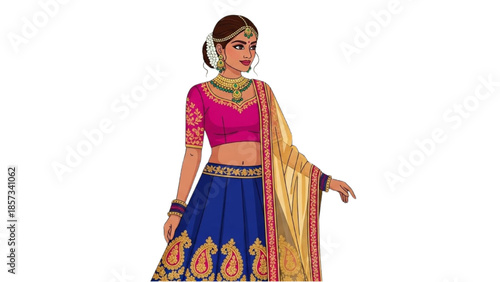 A woman wearing traditional Indian attire stands elegantly against a plain white background.