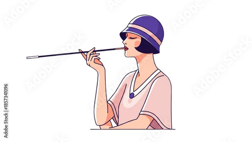 A woman enjoying a leisurely flute solo in a serene environment from a side view