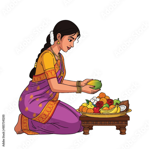 Woman in traditional Indian attire offering fruits. Hindu ritual illustration. Indian culture. Traditional clothing. Woman with fruit plate. Vector illustration on white background.