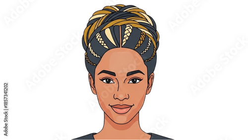 An illustration of a smiling woman with a traditional African headwrap, viewed from the front, showcasing cultural heritage