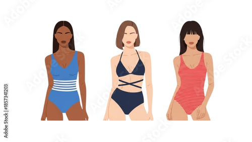 Three women in swimsuits standing together in a row