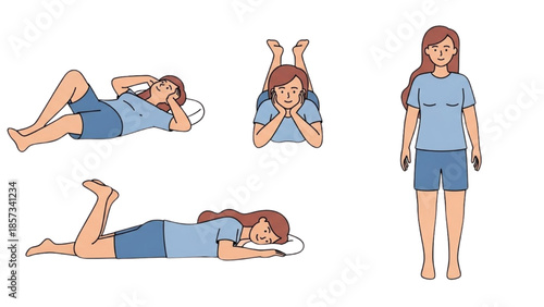 A young woman in various yoga poses on a white background, showcasing different stretches and relaxation techniques from multiple viewpoints.