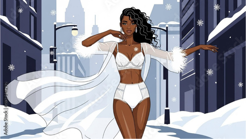 Woman in white lingerie and coat standing in snowy city street
