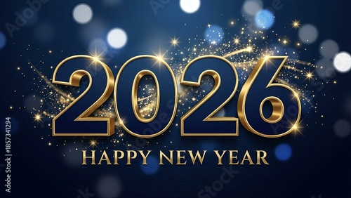 Bold 3D Gold and Blue 2026 Happy New Year Text with Sparkles