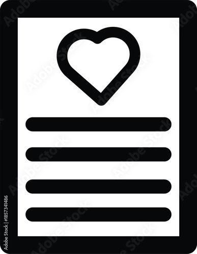 Black heart on white note card with lines 1