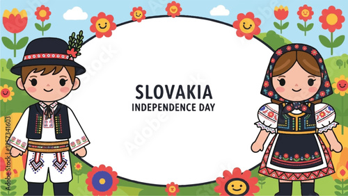 Slovakia Independence Day. Traditional Slovakian folk costumes. Vector illustration of boy and girl. Slovakian flag colors. Floral wreath decoration. Happy Independence Day Slovakia.