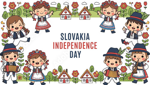 Slovakia Independence Day. Vector illustration of children in traditional clothing. Slovakian culture. National holiday. White background. Folk dance. Traditional flowers. Houses.