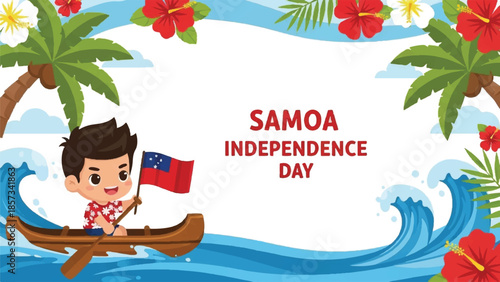Samoa Independence Day celebration. Cartoon boy in canoe. Samoa flag. Tropical palm trees and flowers. Ocean waves. Vector illustration for holiday greeting card. Festive design element.