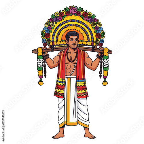 Traditional Indian dancer. Male dancer in costume. Colorful outfit. Floral headdress. Vector illustration. Dance performance. Indian culture. White background.