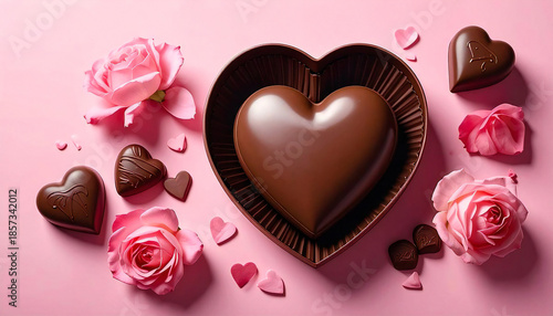 ピンク背景に並ぶハート型チョコレートトレイ。バレンタインのイメージ。Heart Shaped Chocolate Trays on Pink Background for Valentine’s Day.