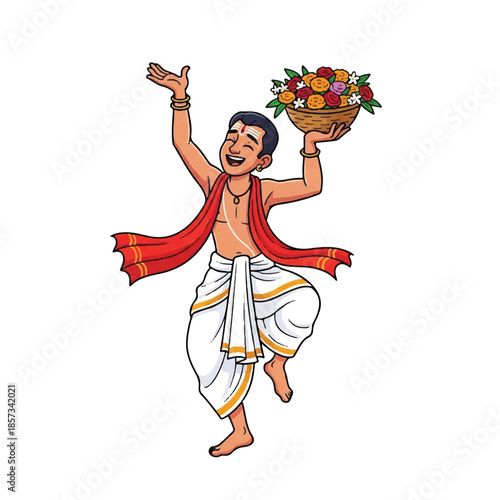 Traditional Indian dancer. Man in white and orange costume. Holding fruit basket. Dance illustration. Cultural icon. Vector graphic. Indian festival character. Dancing man. Red cloth. White