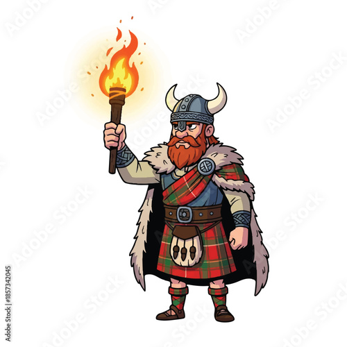 Viking warrior with torch. Cartoon illustration of bearded Norseman. Man in horned helmet and plaid kilt holding flame. Vector design on white background. Medieval character. Fantasy hero.