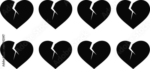 Broken heart icons illustration, black cracked love symbols, heartbreak pain concept, sad emotion design set, flat vector isolated background, collection