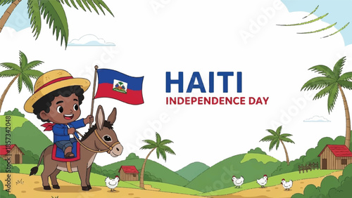 Haiti Independence Day illustration. Flag of Haiti. Boy riding donkey. Tropical landscape. Palm trees. Village houses. White chickens. Vector celebration design. Cultural symbol. National
