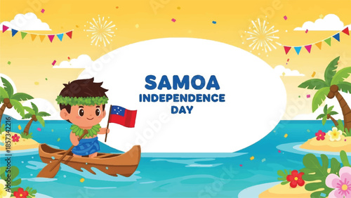 Samoa Independence Day. Cartoon boy in canoe. Flag of Samoa. Tropical beach background. Colorful fireworks and banners. Vector illustration. Holiday greeting card. Cultural celebration.