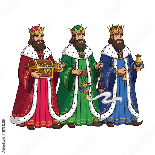 Three wise men in colorful robes. Kings with crowns and beards. Holding gifts. Vector illustration of biblical figures. Royal characters. White background. Traditional clothing. Medieval