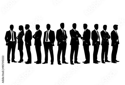 Standing business people silhouette group in profile view corporate black vector isolated on white
