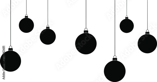 Black Christmas ball ornament silhouettes hanging isolated on white background, minimalist holiday decoration elements for winter design, festive graphics, and branding
