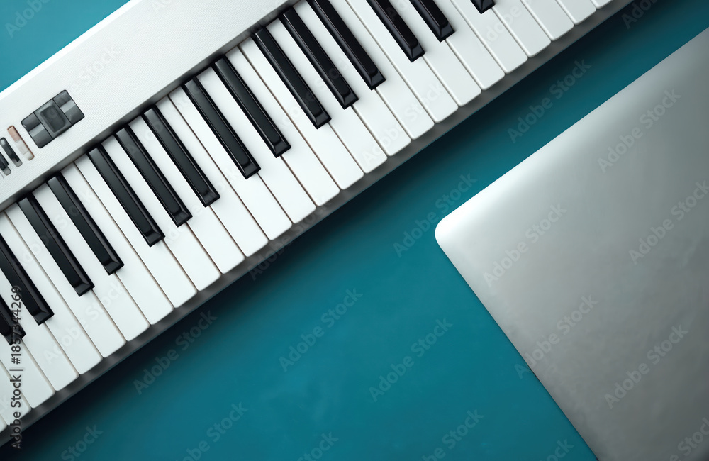 Fototapeta premium Keyboard musical instrument and laptop computer on blue surface. Setup for song creation and digital music production. This gear enables easy music making.