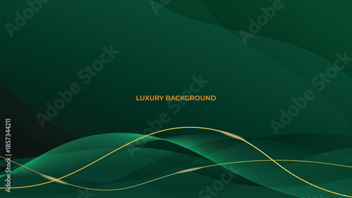 Waves Abstract Luxury Green Background with Elegant Shiny Golden Lines, Geometric Layers, and Premium Modern Design