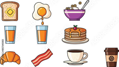 Assorted Breakfast Foods and Beverages Illustration.