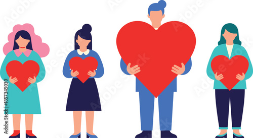 People holding red hearts illustration, love charity support concept, men women characters, valentine care donation theme, flat vector design, isolated