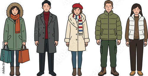Winter fashion illustration group of men and women wearing warm clothes standing together flat vector seasonal lifestyle outfit collection