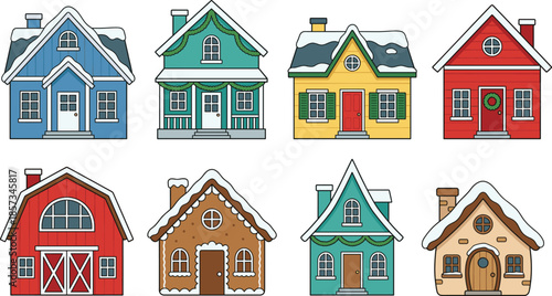 Winter holiday houses illustration, colorful snowy homes collection, Christmas village buildings, festive cottage icons, flat vector design set
