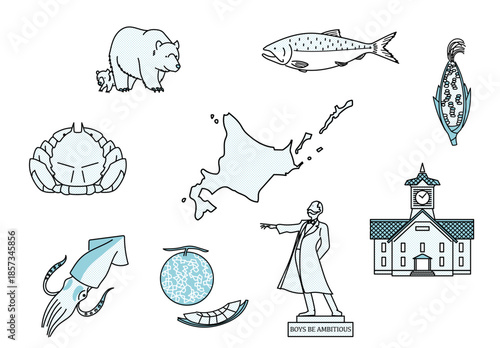 北海道の観光や特産物を象徴する名物アイコンを集めたイラストセット｜クマやカニ 鮭 イカ とうもろこし 時計台 クラーク像など北海道を代表する要素を描いたベクター素材