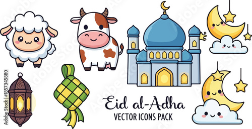 Flat lay of colorful vector icons depicting Eid al-Adha symbols, including a mosque, lantern, and animals, on a clean white background with a festive and celebratory mood.