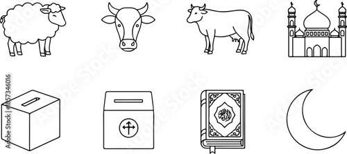 Line drawing illustration set featuring a sheep, cow head, cow, mosque, box, medical cross box, Quran book and crescent moon on white background.