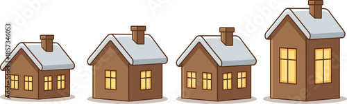 Winter village houses illustration, cozy snowy cottages with warm lights, festive holiday homes set, flat vector design, collection, icons, art