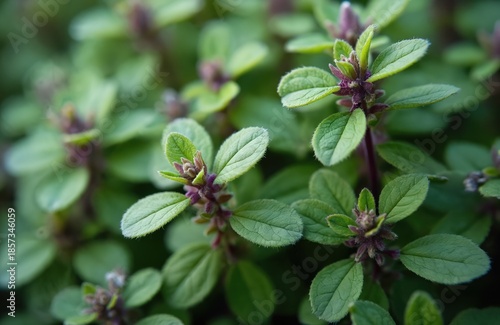 Plectranthus oertendahlii plant with green leaves and tiny buds. This silverleaf spurflower grows in garden. Natural plant close up with soft background.