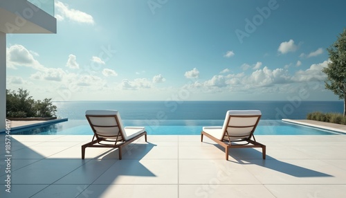 Two empty lounge chairs face calm blue ocean horizon from modern tiled patio. Infinity pool reflects clear sky, white clouds. Serene, peaceful outdoor space.