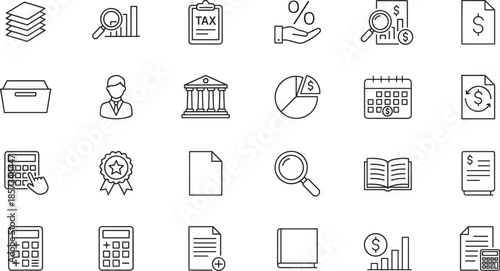 Outline Vector Icon Set Representing Financial Accounting Taxation Banking Investment Strategy Corporate Auditing and Professional Business Fiscal Management Concepts
