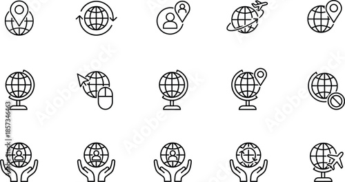 Outline Vector Icon Set Representing Global Connectivity International Travel Geographic Navigation Worldwide Logistics Communication and Digital Planet Exploration Concepts