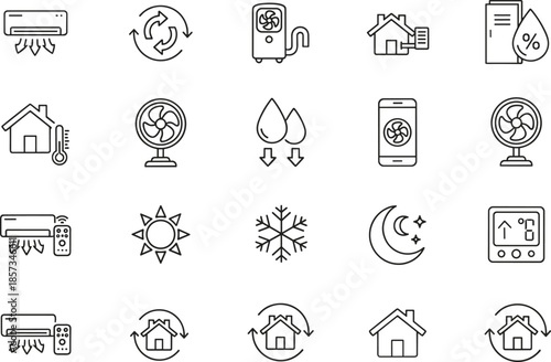 Outline Vector Icon Set Representing Specialized HVAC Systems Dehumidification Technology Air Quality Management Smart Climate Control and Professional Ventilation Concepts