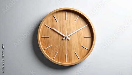 Wallpaper Mural Minimalist wooden wall clock with white hands and markers on light wood face, set against neutral background. Torontodigital.ca