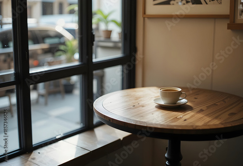 A minimalist café scene with calm tones and natural lighting, evoking solitude, reflection, and simple pleasures.