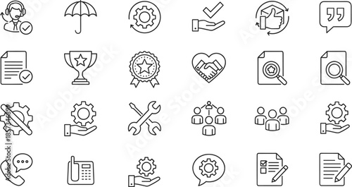 Outline Vector Icon Set Representing Customer Support Service Quality Assurance Technical Troubleshooting Reliability Standards and Professional Client Relationship Management