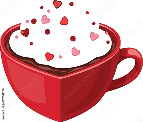 Delicious hot chocolate in red heart shaped mug with whipped cream