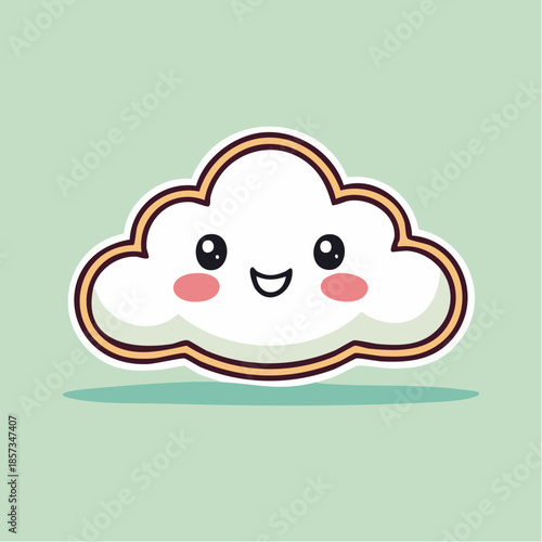 Cute cartoon cloud with smiling face and rosy cheeks on green background.