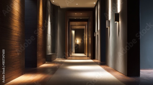 Elegant modern hallway design with soft lighting, polished wooden flooring, and artistic wall fixtures creating a tranquil atmosphere for relaxation