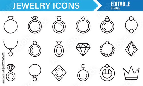 Rings, necklaces and earrings outline icon collection