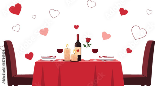 Romantic dinner setup for two with wine and candles on red table