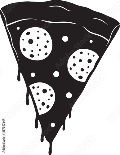 A single slice of pepperoni pizza with generous amounts of dripping cheese, rendered as a black and white also transparent background