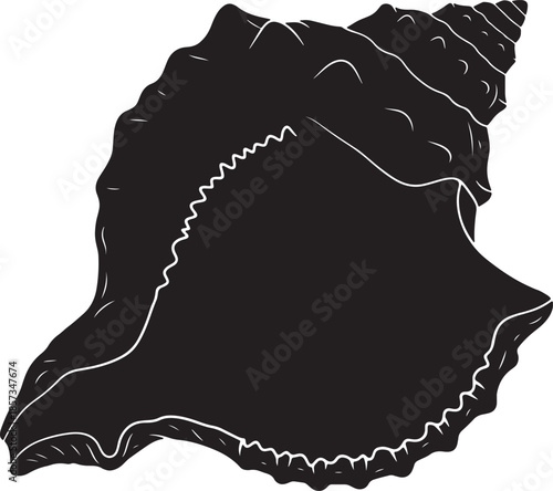 Detailed black silhouette of a large, ornate seashell with a spiraling structure and textured edges on a white background also transparent background