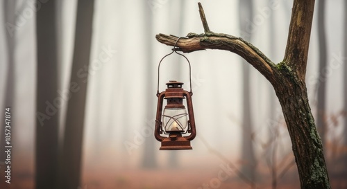 A rustic, lit oil lantern hangs from a bare branch in a mysterious, misty forest.