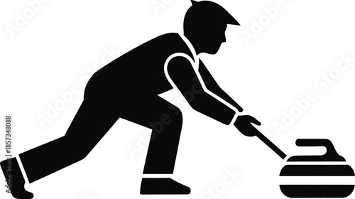 Curling Athlete Pushing Stone Silhouette Action on Ice Rink Surface